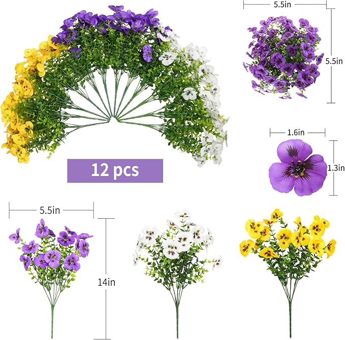 12 Bundles Artificial Flowers for Outdoor, UV Resistant Fake Pansy Flowers, Silk Faux Fowers for Outdoor Planters Home Garden Office Patio Front (Yellow/Purple/White)