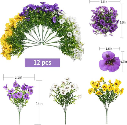 12 Bundles Artificial Flowers for Outdoor, UV Resistant Fake Pansy Flowers, Silk Faux Fowers for Outdoor Planters Home Garden Office Patio Front (Yellow/Purple/White)