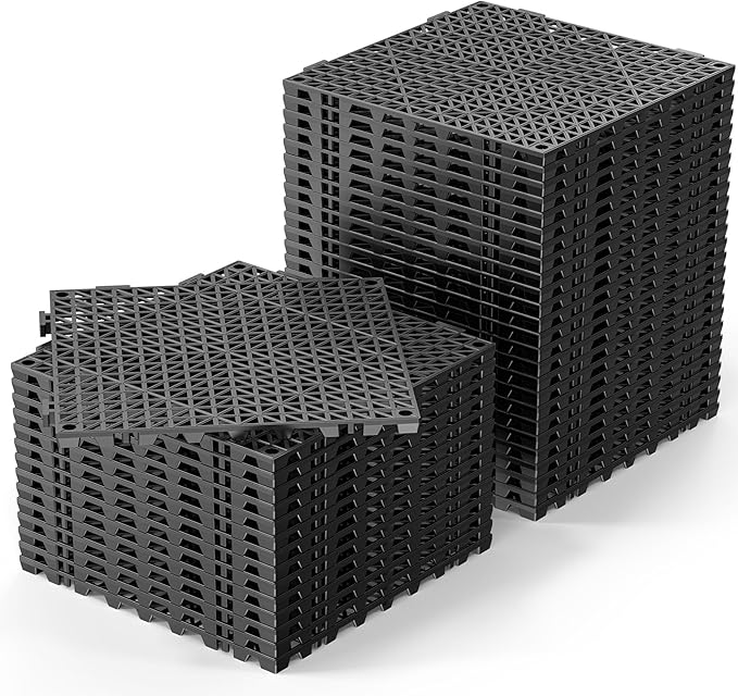 ROVSUN 40 PCS Interlocking Drainage Mat, 12’’x12’’ Drainage Tiles Interlocking,Soft PVC Floor Tiles, Non-Slip Drainage Holes for Restroom, Bathroom, Kitchen, Pool, Wet Areas,Black