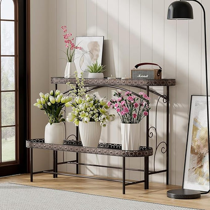 Plant Stand Outdoor Indoor 2 Tier Metal Pland Stand, Detachable Heavy Duty Tall Plant Shelf Rack Flower Pot Holder for Patio Garden Balcony Living Room, Distressed Vintage Black