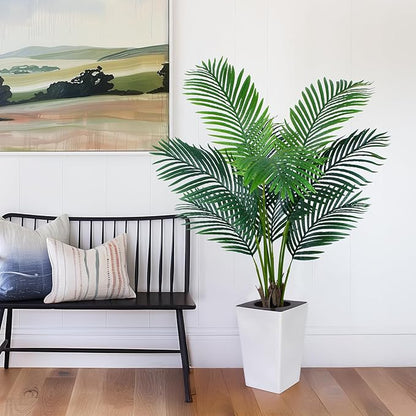5FT Artificial Palm Tree with White Tall Planter - Fake Tree Areca Floor Plant in Pot - Artificial Silk Plants for Indoor Home Office Decor