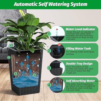 GarveeLife 16 Inch Tall Rattan Planter Set of 2, Large Self-Watering Pot with Water Level Monitor Outdoor and Indoor for Patio, Porch, Living Room, or Home Office, Black