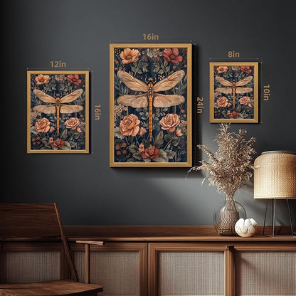 LLEEMPI William Morris Wall Art, Vintage Dragonfly Floral Wall Decor, Abstract Insect Flower Canvas Painting, Nature Botanical Poster Print for Living Room Bedroom Bathroom Office Wood Framed 12x16 inch