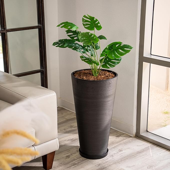 XBrand Modern 28-Inch Tall Round Planter, Modern Tapered Planter Perfect for Indoor & Outdoor Planter, Patio Décor, Black