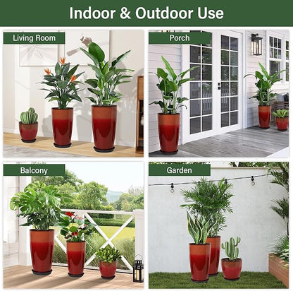 24/21/12 Inch Large Plastic Planter, Lightweight Ceramic-Look Tall Planters with Drain Hole & Saucers, Tall Plastic Planters for Porch, Garden, Patio, Balcony(Fiery Red)