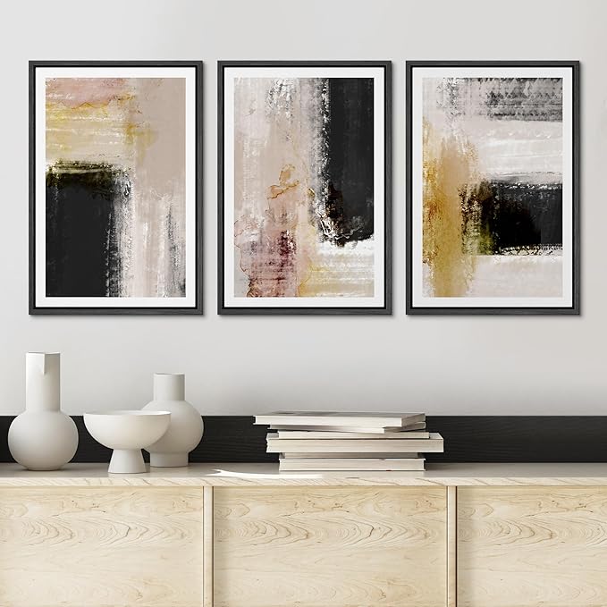 Ashbrook Framed Wall Art Print Set Brown, Black, Yellow Color Block Landscape Abstract Shapes Illustrations Modern Art Boho Scenic Colorful for Living Room, Bedroom, Office - 24"x36"x3 Black