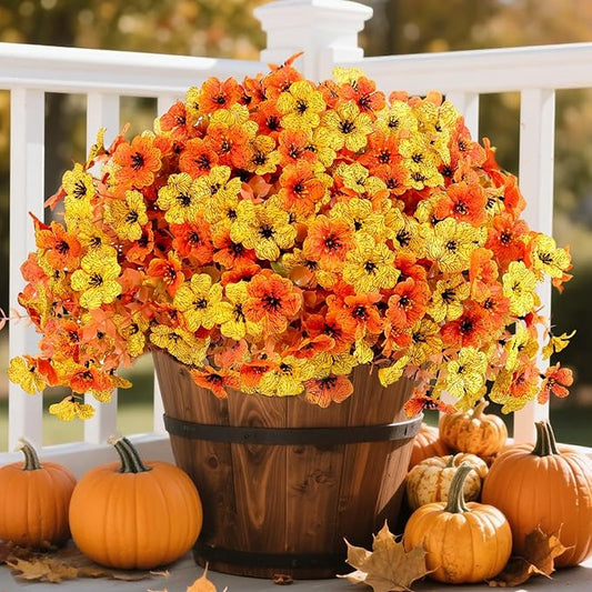 12 Bundles Artificial Fake Mums Flowers for Outdoor Faux Silk Orange Yellow Daisy Realistic UV Resistant No Fade Fake Plants Flowers for Planter Porch Patio Indoor Thanksgiving Decor