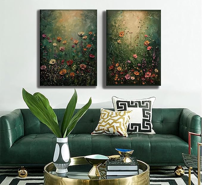 2Psc Vintage Framed Canvas Wall Art Dried Flowers Painting Picture Wall Decor Retro Moody Floral Botanical Poster Print Artwork for Bathroom Bedroom Living Room Gallery Home Decoration