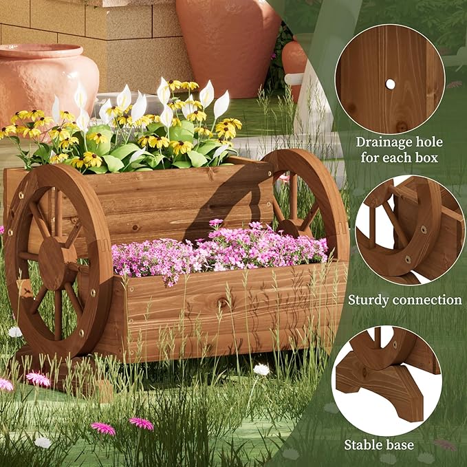 Garden Planter with Wheels, Wooden Wagon Box, Decorative Planter for Flowers Herbs Vegetables for Indoor & Outdoor Décor Flower Cart for Patio Garden Balcony (Brown)