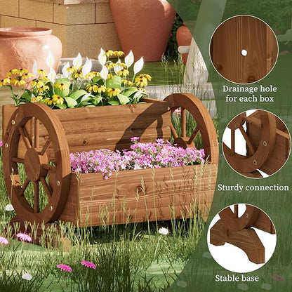 Garden Planter with Wheels, Wooden Wagon Box, Decorative Planter for Flowers Herbs Vegetables for Indoor & Outdoor Décor Flower Cart for Patio Garden Balcony (Brown)