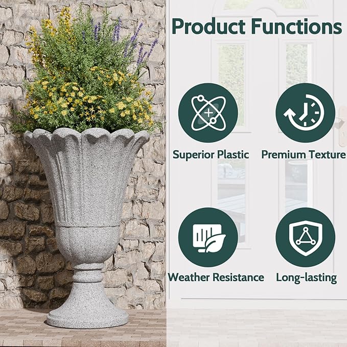 23.6" Tall Plastic Urn Planters for Outdoor Plants, Set of 2 Heavy-Duty Classic Indoor Large Flower Pots with Drainage Holes & Petal Design, Outdoor Planters for Porch, Home Garden, Grey
