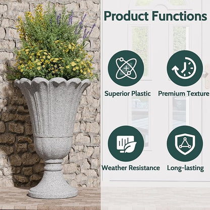 23.6" Tall Plastic Urn Planters for Outdoor Plants, Set of 2 Heavy-Duty Classic Indoor Large Flower Pots with Drainage Holes & Petal Design, Outdoor Planters for Porch, Home Garden, Grey