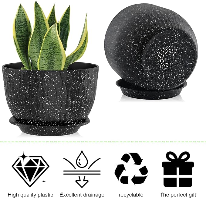 12/10/9 Inch Planter Pots, 3-Pack Large Flower Pots for Indoor Outdoor Garden Plants, Big Plant Pots with Multi Mesh Drainage Holes and Saucer (Speckled Black, 12"+10"+9")
