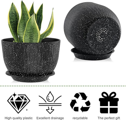 12/10/9 Inch Planter Pots, 3-Pack Large Flower Pots for Indoor Outdoor Garden Plants, Big Plant Pots with Multi Mesh Drainage Holes and Saucer (Speckled Black, 12"+10"+9")