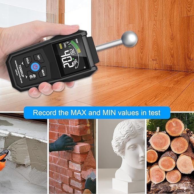 Moisture Meter - TEMIRUP Pin & Pinless Wood Moisture Tester with Color LCD and Acoustic Alarm, Digital Moisture Reader Detects 20-40 mm for Walls, Wood, Masonry, Concrete and Other Building Materials