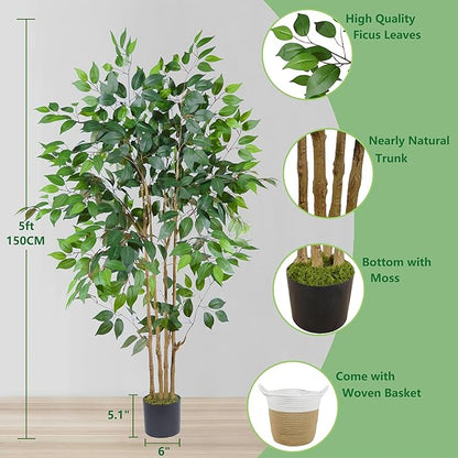 Artificial Ficus Tree, 5ft Tall Silk Fake Ficus Leaves Plant with Basket, Indoor Outdoor Faux Greenery Tree for Home Garden Office House Livingroom Décor