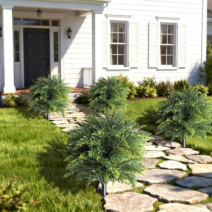 2-Pack Artificial Cedar Topiary Ball Trees 22" Outdoor UV Resistant Faux Cypress Shrubs with Ground Spike, Realistic Evergreen Bushes for Front Porch, Garden, Backyard, and Indoor Decor