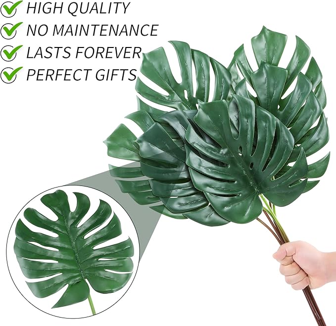 Artificial Monstera Leaves with Long Stem,Fake Tropical Palm Leaves for Hawaiian Luau Jungle Party Home Wedding Decor (6pcs Medium)