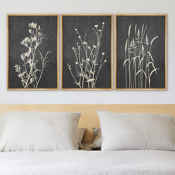Ashbrook Framed Canvas Print Wall Art Set Black Tan Forest Plant Silhouettes Nature Wilderness Illustrations Modern Art Rustic Chic Colorful for Living Room, Bedroom, Office - 24"x36"x3 Natural