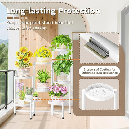 LASZOLA 8 Tiered Folding Tall Plant Stand Indoor for Multiple Large Planter, Heavy Duty Metal Adjustable Flower Rack for Narrow Corner, Sturdy Vertical Spiral Shelving Holder for Modern House, White