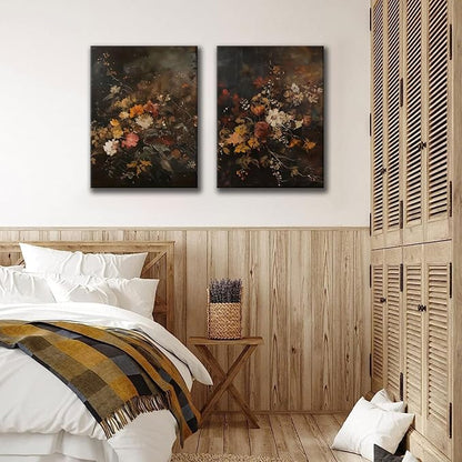 2pcs Vintage Dark Floral Canvas Wall Art Moody Autumn Floral Wall Decor Pictures Country Flowers Posters Prints Still Life Paintings for Farmhouse Living Room Bedroom Dining Room Decor 16x24 Inch