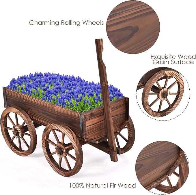 S AFSTAR Wooden Wagon, Wood Flower Planter Pot Stand with 4 Wheels & Drainage Holes, Amish Wagon Planter, Rolling Pot Stand Wood Wagon for Outdoor Plants Garden Decorative Garden Planter, Brown