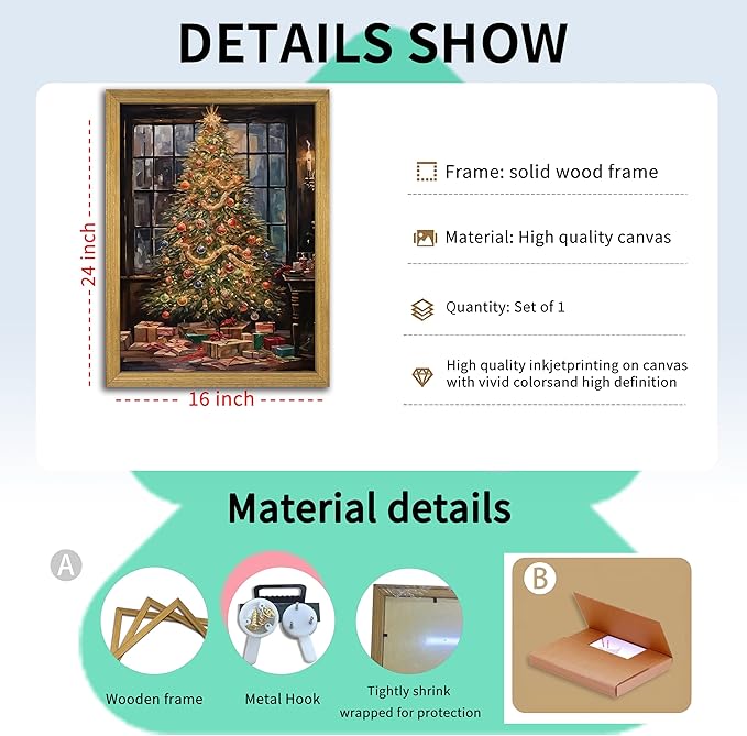 Christmas Canvas Wall Art, Vintage Christmas Tree Decor, Living Room Pine Tree Decorations, Winter Cottagecore, Decor for Bedroom Bathroom Xmas Holiday Decorations Gifts 16x24 Inch Wood Framed