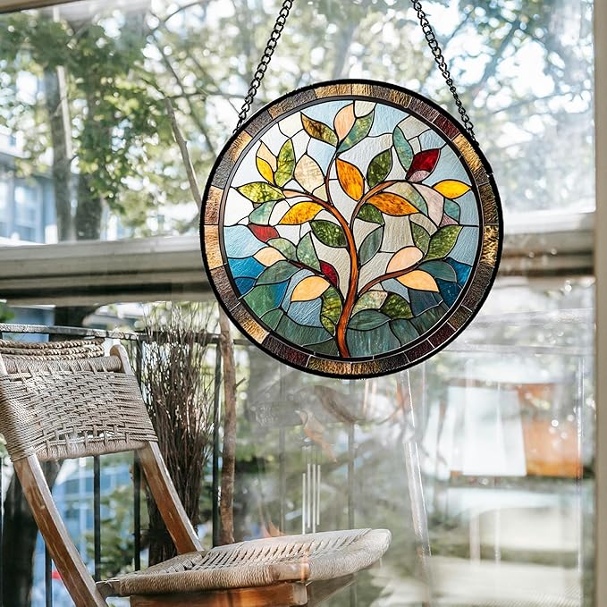 Stained Glass Window Hanging Colorful Tree of Life Large 11.8" - Plant Leaves Suncatcher Door Garden Sun Catcher Home Decor Birthday Christmas for Mom Men Woman Nana Friend