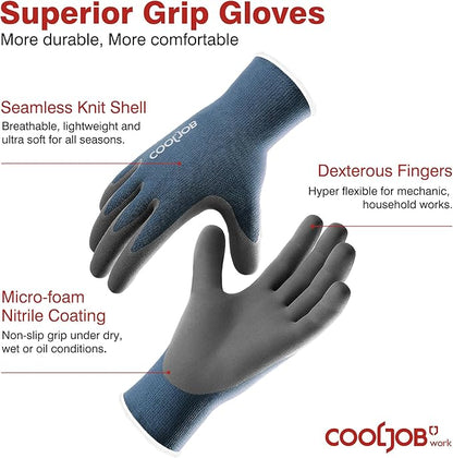 COOLJOB 2 Pairs Micro-Foam Nitrile Safety Work Garden Gloves with Touchscreen Fingers, Lightweight Working for Men’s Sweaty Hands, Non-slip Coated Grip Fits Most Tasks, Large, Blue & Black