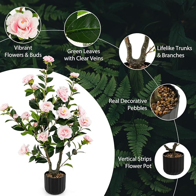 Goplus 38’’ Artificial Camellia Tree, 2 Pack Flower Plants Artificial Tree, Faux Floral Plant Blooming Tree in Cement Pot, Greenery Potted Plant for Indoor Outdoor Office Home Porch Decor
