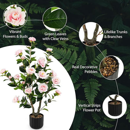 Goplus 38’’ Artificial Camellia Tree, 2 Pack Flower Plants Artificial Tree, Faux Floral Plant Blooming Tree in Cement Pot, Greenery Potted Plant for Indoor Outdoor Office Home Porch Decor