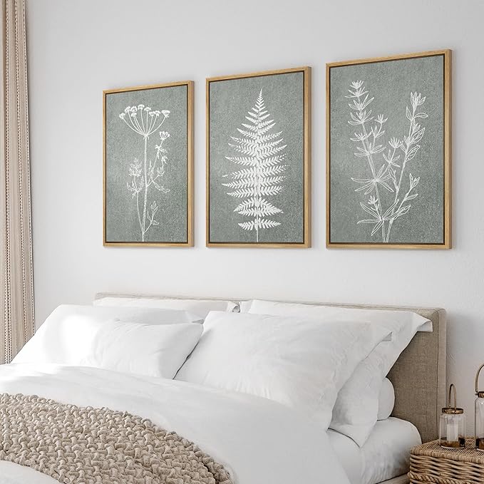 Ashbrook Framed Canvas Print Wall Art Set Green Forest Flower Plant Silhouette Nature Wilderness Illustrations Modern Art Rustic Chic Colorful for Living Room, Bedroom, Office - 24"x36"x3 Natural