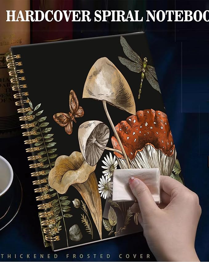 Spiral Journal Notebook,A5 Hardcover Lined Journals for Women Girl 6 x 8.3 in,120 Pages Thick Paper,Cute College Ruled Writing Notebook for Gifts Office Work School(Mushroom Plant Moon)