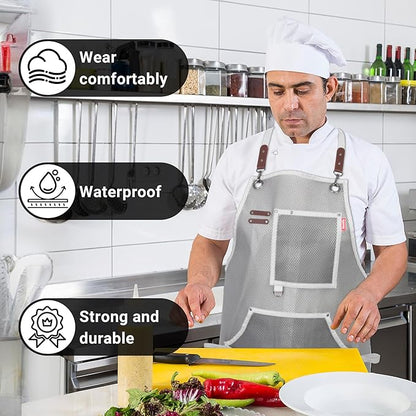 Waterproof Work Apron for Chefs, Hair Stylists, Artists, Gardeners, Adjustable, Multi-Pockets, TPU Mesh Fabric, Plus Size