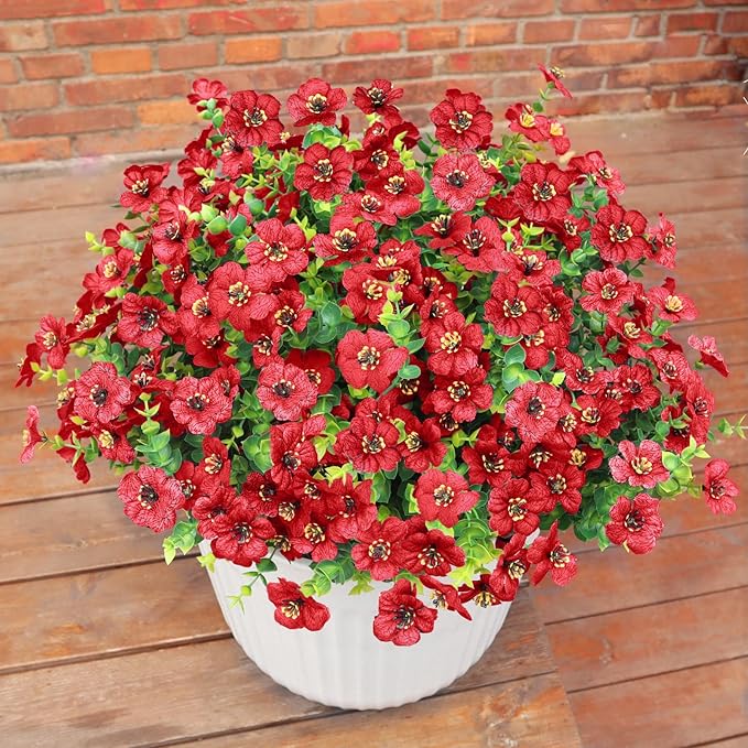 Artificial Flowers for Outdoors UV Resistant, 12 Bundles Realistic Silk Flower Faux Fake Plants for Porch Patio Yard Planters, Spring Summer Home Garden Decor, Red