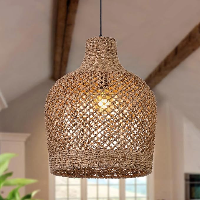 Arturesthome 1 Light Rattan Pendant Light Rattan Chandelier Handwoven Boho Coastal Pendant Lampshade Wicker Basket Ceiling Light Hanging Light for Dining Living Room D 15.7″* 19.6″