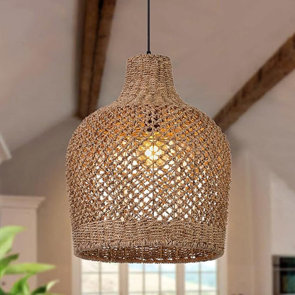 Arturesthome 1 Light Rattan Pendant Light Rattan Chandelier Handwoven Boho Coastal Pendant Lampshade Wicker Basket Ceiling Light Hanging Light for Dining Living Room D 15.7″* 19.6″