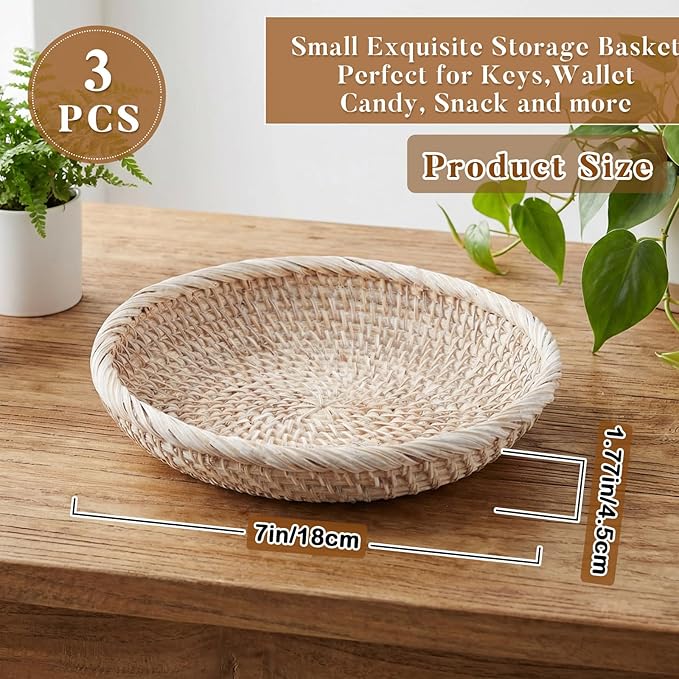 Hushee 3 Pcs Small Round Keys Basket for Entryway Woven Bowl Basket Rattan Wicker Round Tray Organizing for Keys Wallet Cell Phone Tabletop Serving Fruit Food Holder Decorative Table Storage (White)