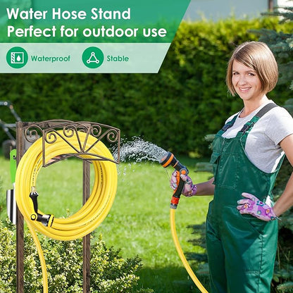 TomCare Garden Hose Holder Upgraded 4 Spikes Water Hose Holder with 2 Tool Hooks Sturdy Hose Reel Holds 150ft Hose Freestanding Hose Stand Hose Storage for Outside Yard Lawn, Rustic Bronze