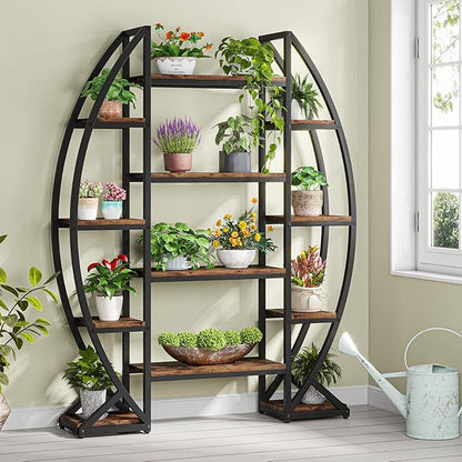 Tribesigns Curved Plant Stand Indoor, 8 Tiered Large Metal Plant Shelf, 69" Tall Industrial Flower Pot Stand Display Rack for Indoor Living Room, Balcony, Patio (Brown)