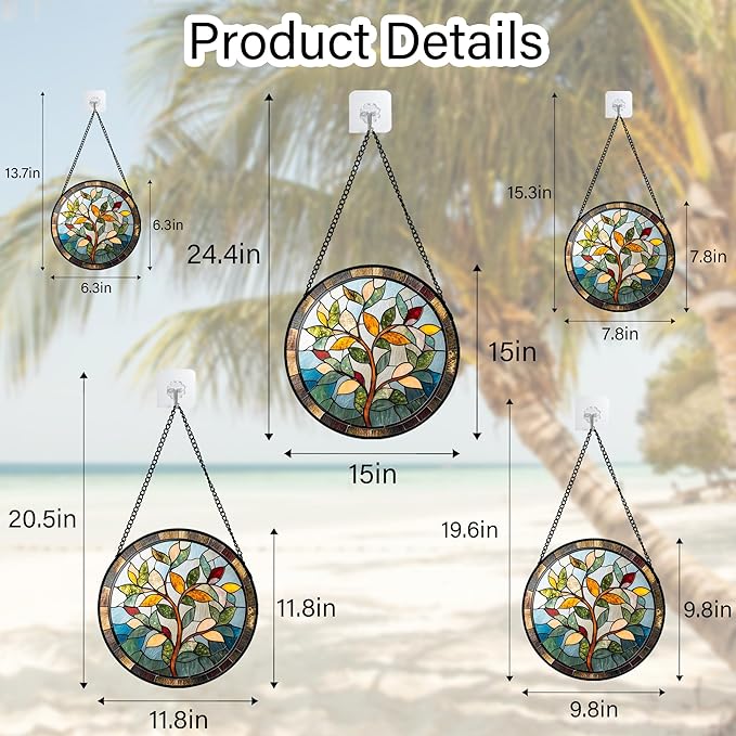 Stained Glass Window Hanging Colorful Tree of Life 7.8" - Plant Leaves Suncatcher Door Garden Sun Catcher Home Decor Birthday Christmas for Mom Men Woman Nana Friend