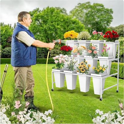 3 Layers Flower Display Stand with Buckets, 12 PCS Buckets Plant Stand with Wheels, Movable Metal Plant Stand for Terrace Garden, Living Room, Florist Shop