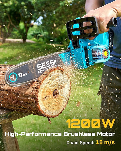 SEESII Electric Chainsaw Cordless 12-inch, Handheld Chain Saws with a 4.0Ah Battery, Tree Saw with Tool-free Chain Tension, Auto Oiling for Wood Cutting Trimming Branch