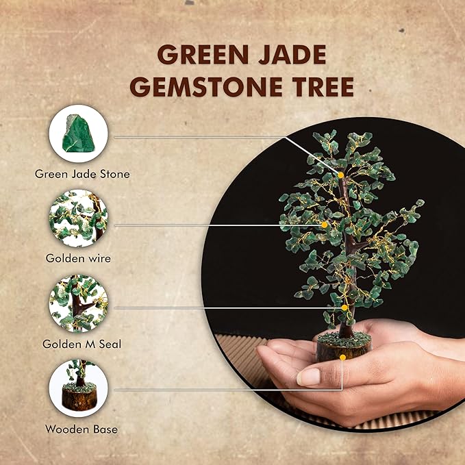 Wonder Care Green Jade Crystal Tree for Positive Energy Home Decorations with M-Seal & Golden Wire | Fortune Tree | Crystal Decor | Chakra Tree | Feng Shui Decor (300 Beads)