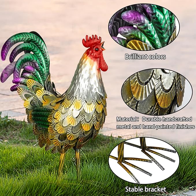 Metal Rooster Statues, Garden Chicken Decorations, Outdoor Chicken Sculptures, Metal Yard Rooster Artwork for Yard Farm Patio Lawn Porch Kitchen Decoration (Gold)