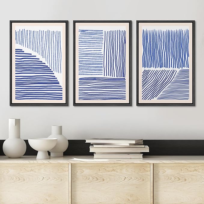 Ashbrook Framed Wall Art Print Set Navy Blue Geometric Color Block Lines Abstract Shapes Illustrations Modern Art Boho Scenic Colorful Chic for Living Room, Bedroom, Office - 16"x24"x3 Black