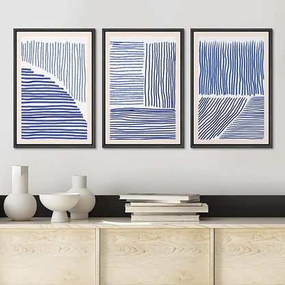 Ashbrook Framed Wall Art Print Set Navy Blue Geometric Color Block Lines Abstract Shapes Illustrations Modern Art Boho Scenic Colorful Chic for Living Room, Bedroom, Office - 16"x24"x3 Black