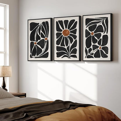 Large Framed Boho Abstract Floral Wall Art for Living Room, 3 Piece Mid-Century Modern Botanical Canvas Painting Prints Artwork for Walls, Black and White Flowers for Bedroom Hallway Office, 24x36 In