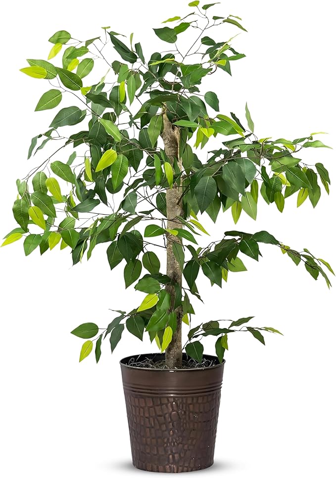 4ft Ficus Tree in Copper Metal Pot with Real-Wood Trunk - Indoor and Outdoor Faux Plants for Patio, Living Rooms, Offices & Outdoor Spaces
