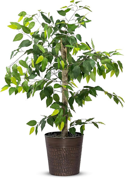 4ft Ficus Tree in Copper Metal Pot with Real-Wood Trunk - Indoor and Outdoor Faux Plants for Patio, Living Rooms, Offices & Outdoor Spaces